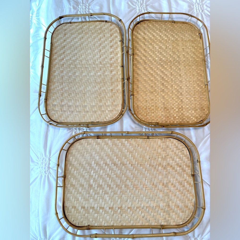VINTAGE SET OF 3 NEW BAMBOO RATTAN WOVEN WICKER SERVING TRAYS 20" x13" DEL PONTE
